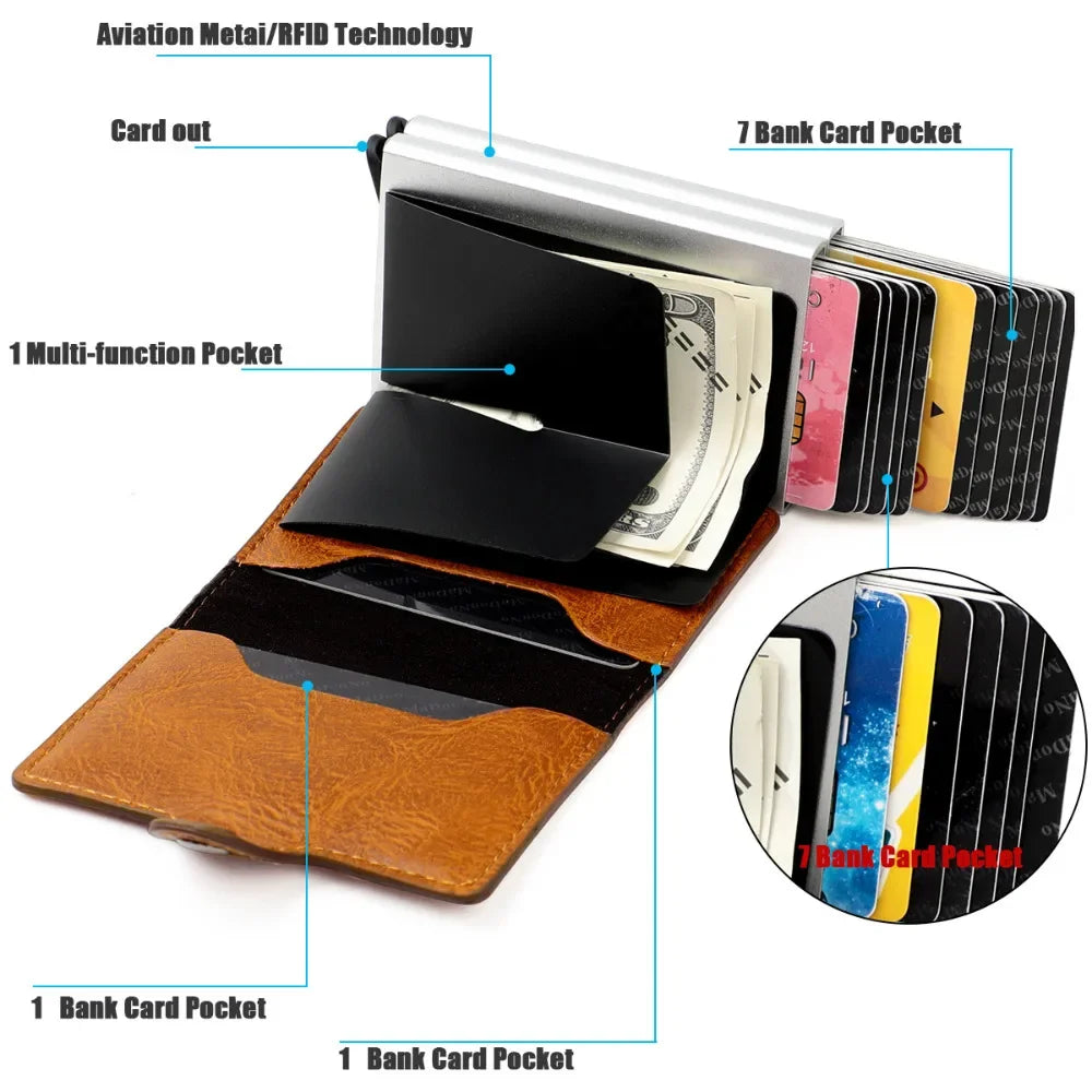 Double Layer Rfid Blocking Men'S Credit Card Holder Carbon Fiber Vintage Leather Wallets Card Holder for Women Man Money Clip